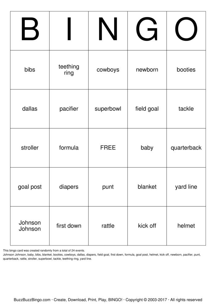 Download Free Dallas Cowboys Baby Bingo Bingo Cards