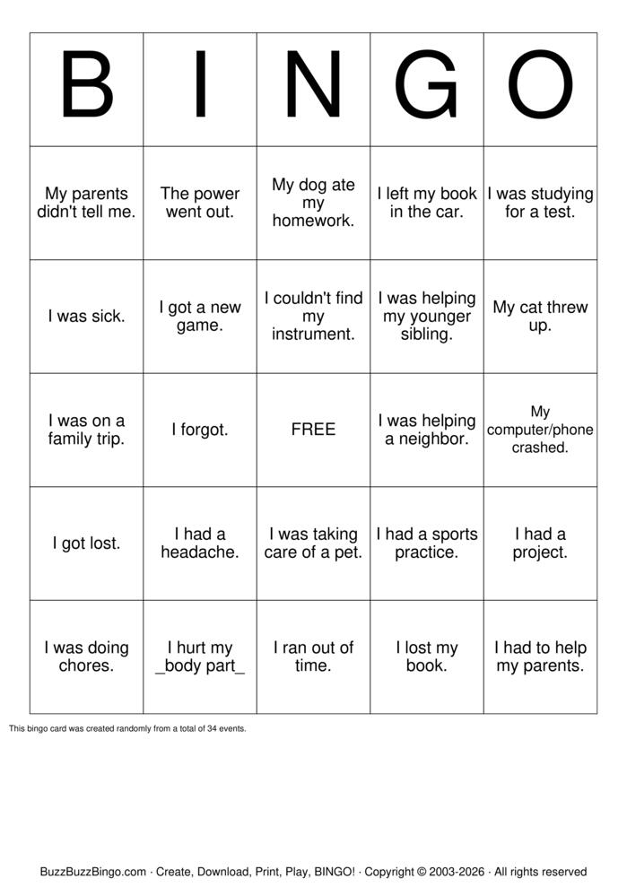 Download Free EXCUSE BINGO Bingo Cards