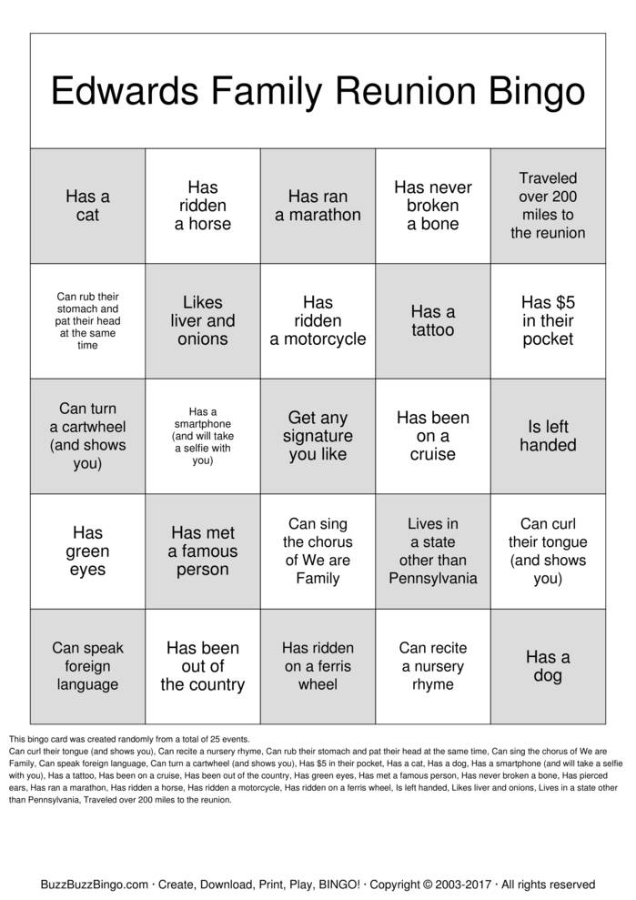 Edwards Family Reunion Bingo Cards to Download, Print and Customize!