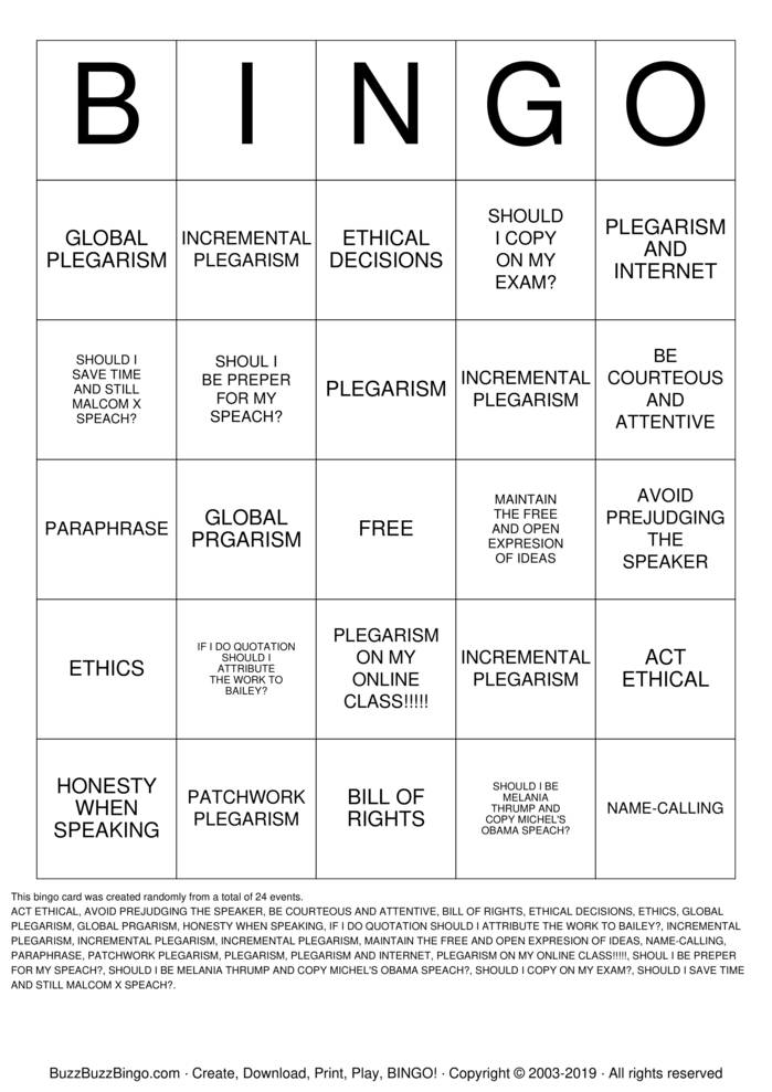 Download Free Ethics and Professionalism Bingo Cards