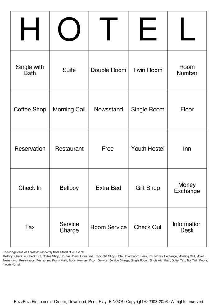 Download Free Hotel Bingo Cards Download Free Hotel Bingo Cards