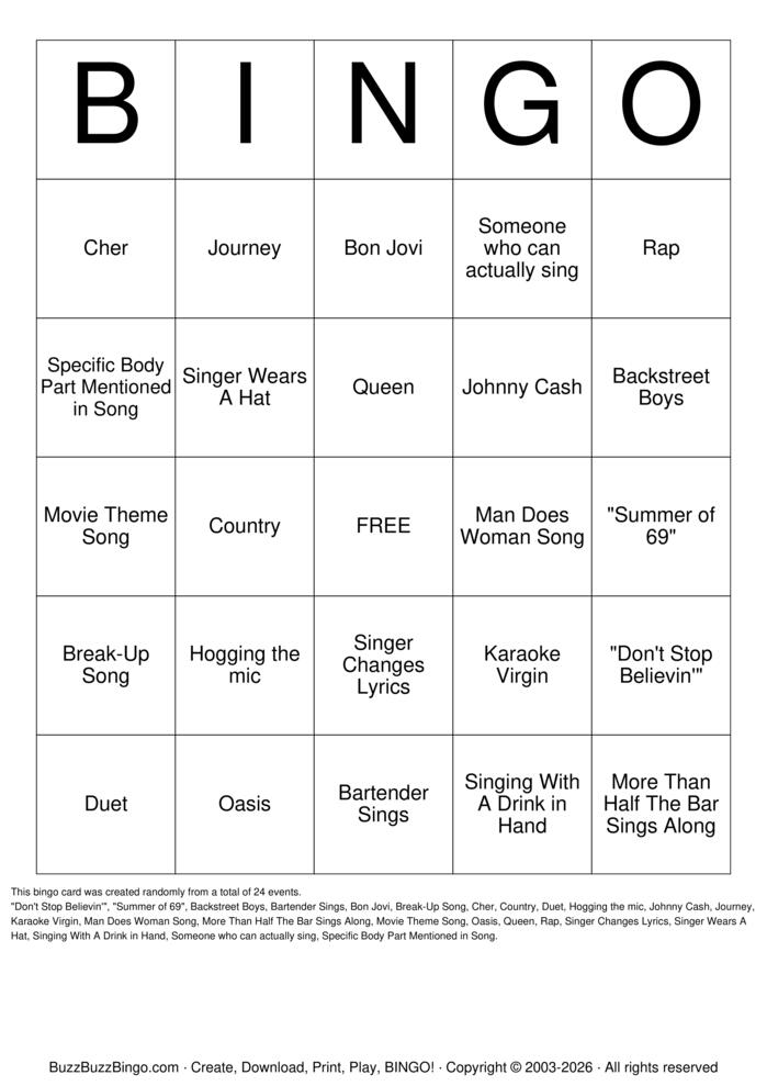 Download Free KARAOKE Bingo Cards Download Free KARAOKE Bingo Cards