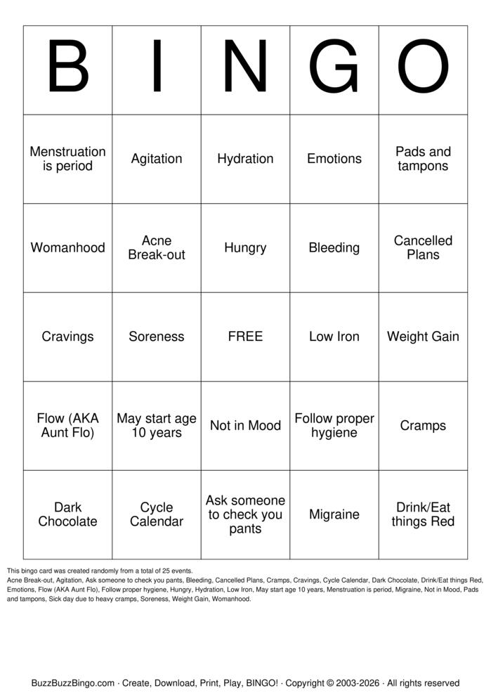 Download Free Period Bingo Cards