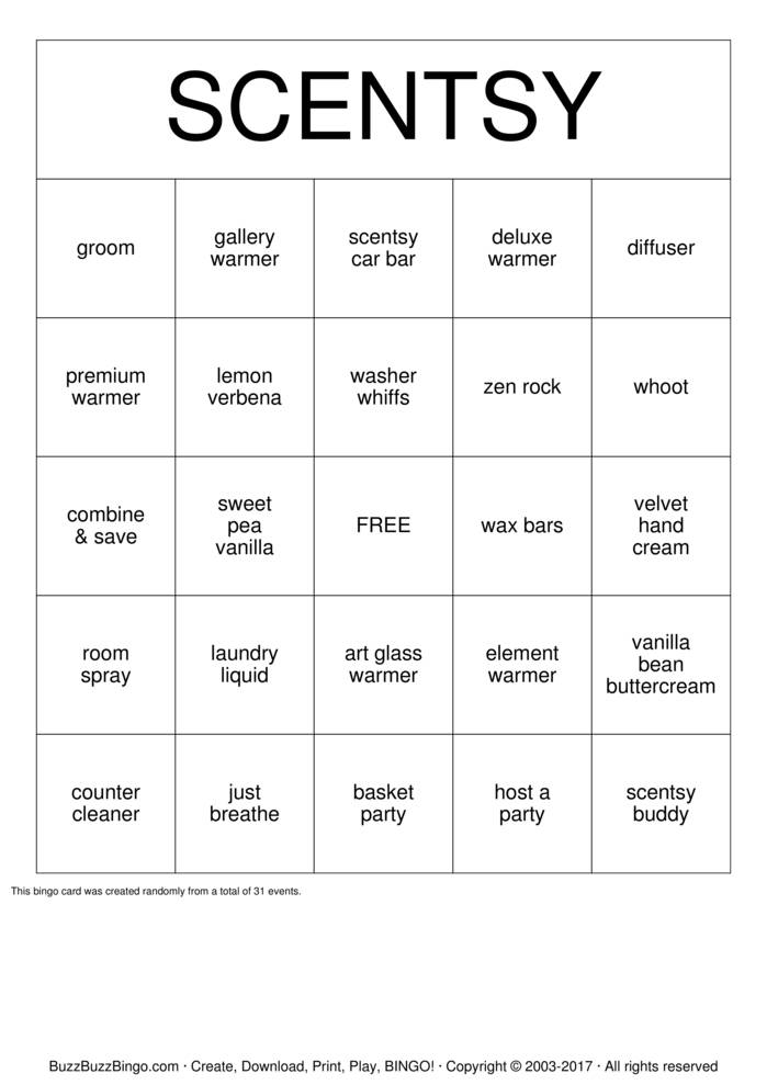 SCENTSY Bingo Cards to Download, Print and Customize!