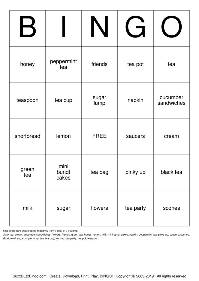 Tea Party Bingo Cards to Download, Print and Customize!