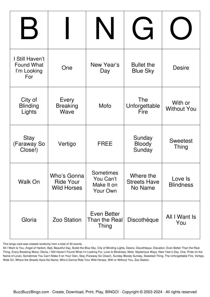 Download Free U2 Songs Bingo Cards