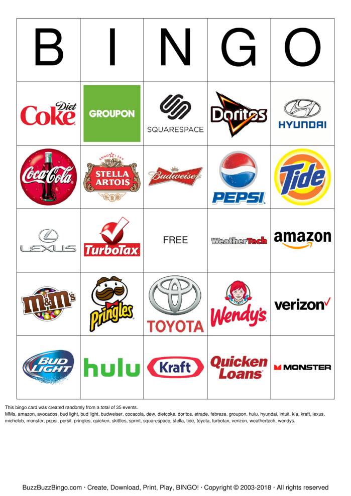 2018 Superbowl Commercial Logos Bingo Cards to Download, Print and ...