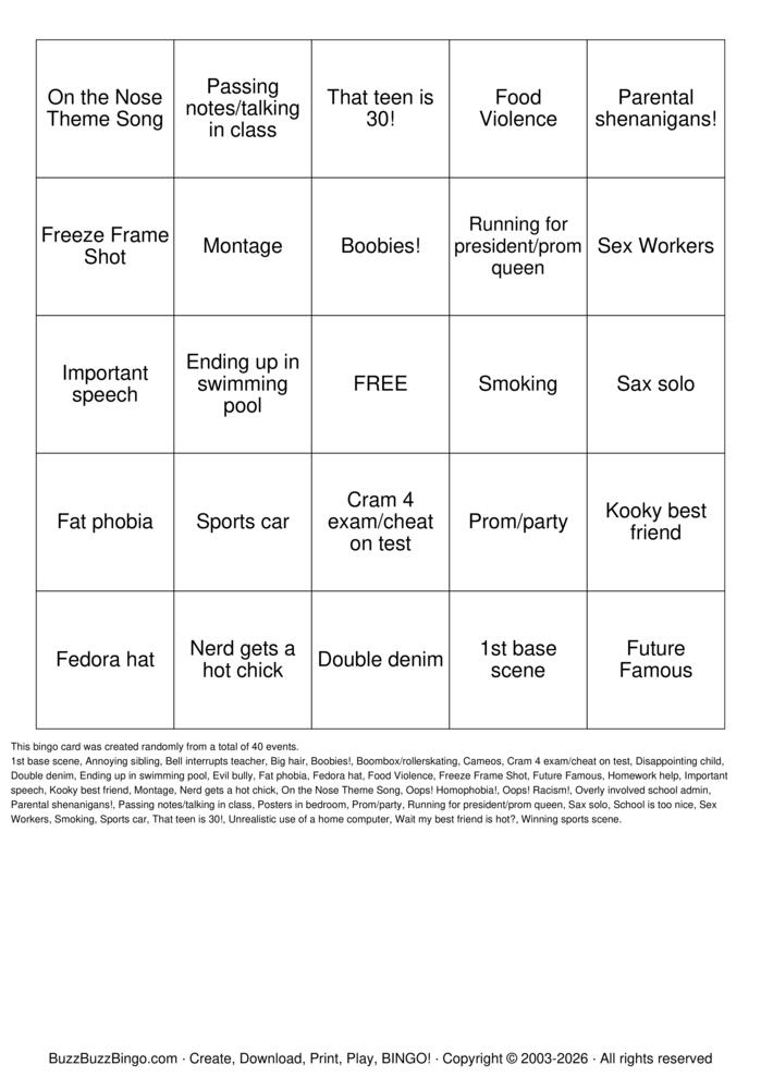 Download Free 80's Movie Cliche  Bingo Cards