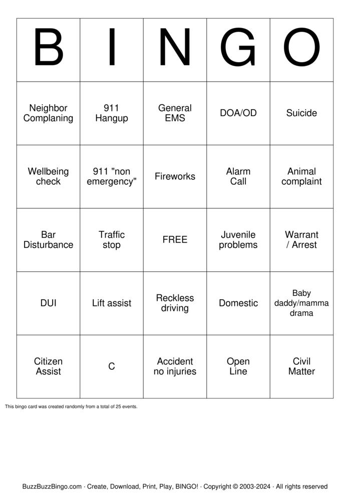 Download Free 911 Dispatcher Bingo Cards