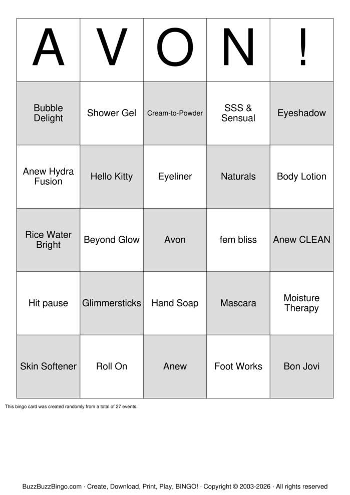 Download Free AVON Bingo Bingo Cards