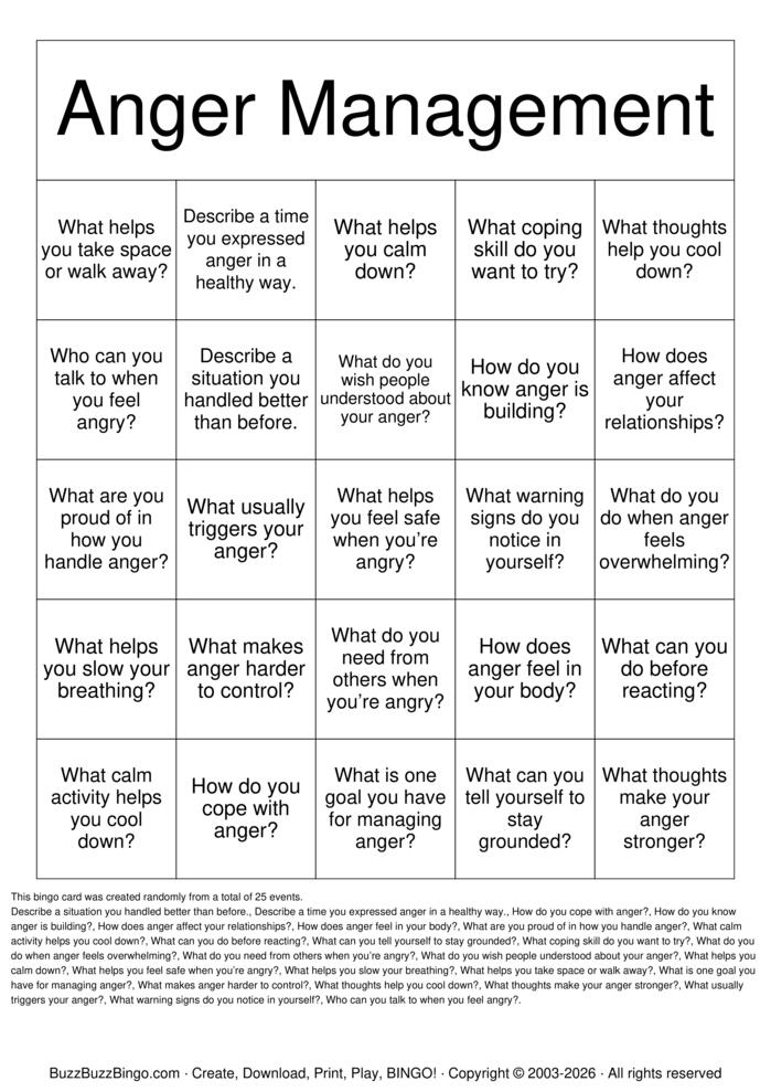 Download Free Anger Management Bingo Cards Download Free Anger Management Bingo Cards