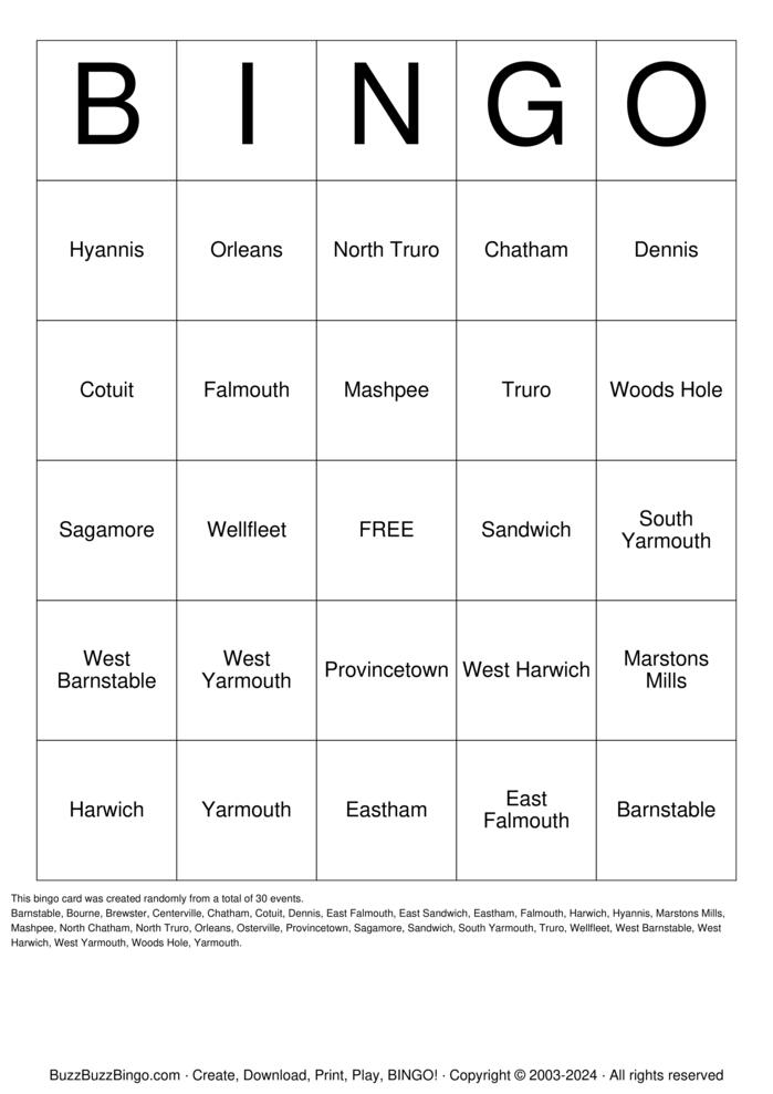 Download Free Cape Cod Towns Bingo Cards
