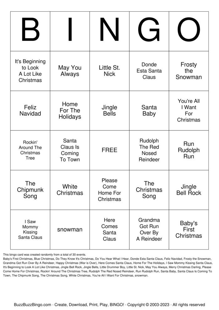 Christmas Songs Bingo Cards to Download, Print and Customize!