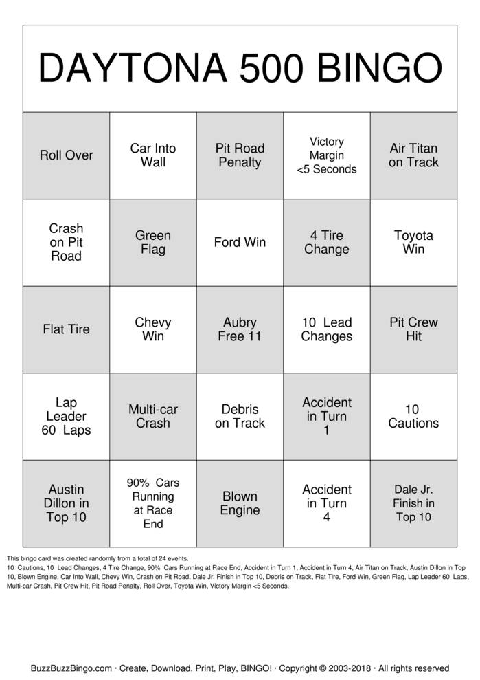 Download Free DAYTONA 500 Bingo Cards