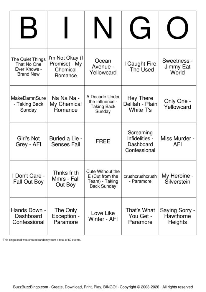 Download Free Emo Anthems Top 50 Bingo Cards Download Free Emo Anthems Top 50 Bingo Cards
