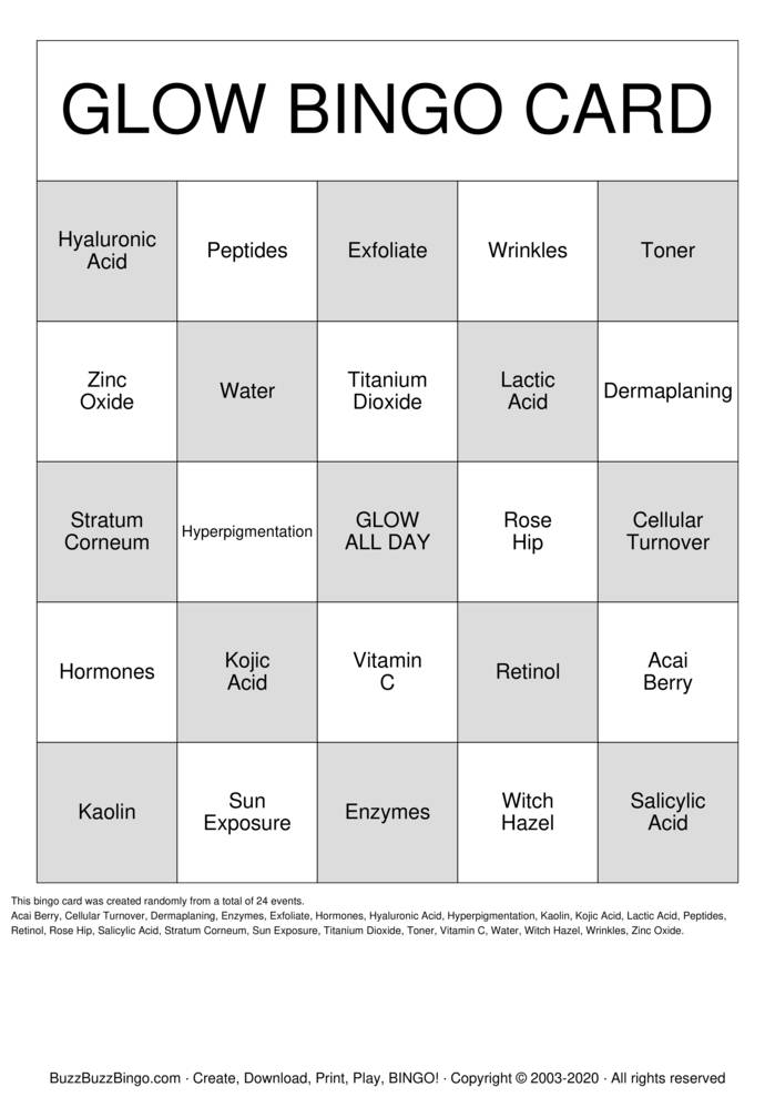GLOW SKIN CARE Bingo Cards to Download, Print and Customize!