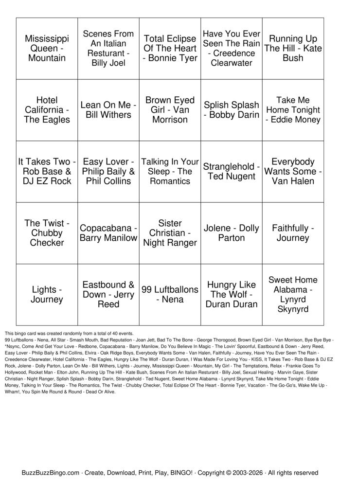 Download Free Music Mix 1 Bingo Cards
