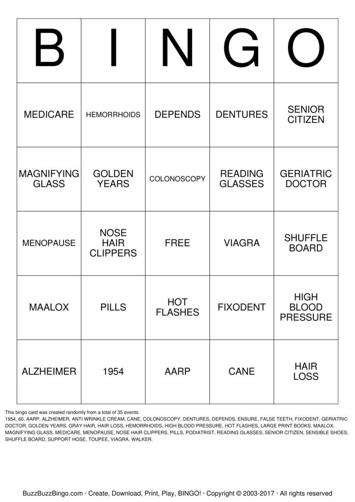 OVER THE HILL Bingo Cards to Download, Print and Customize!