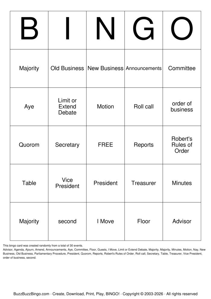 Download Free Parliamentary Procedure Bingo Cards Download Free Parliamentary Procedure Bingo Cards