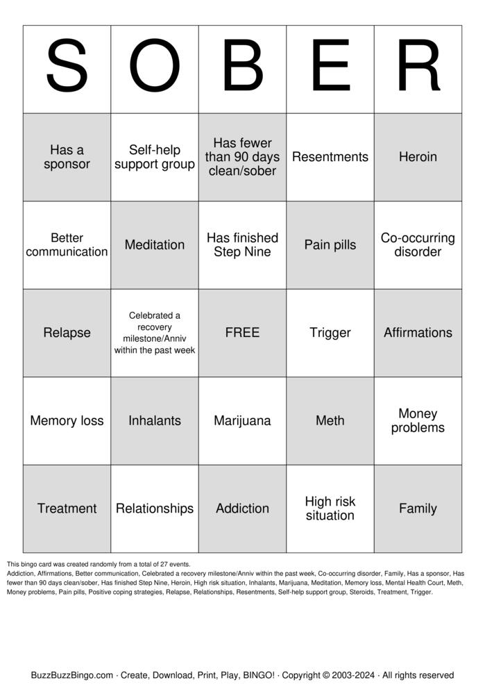 Download Free Recovery Bingo Cards
