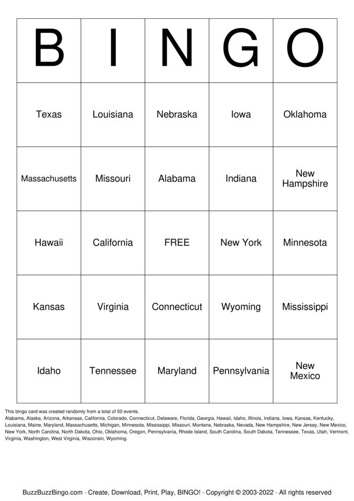 Download Free US States Bingo Cards