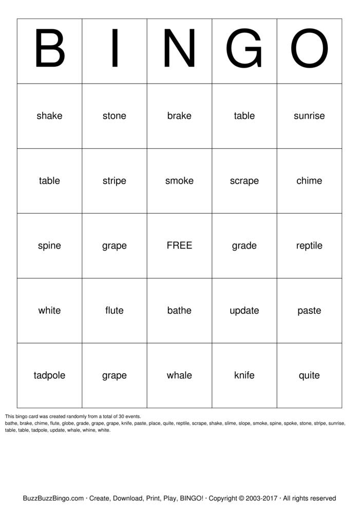 Download Free silent e Bingo Cards