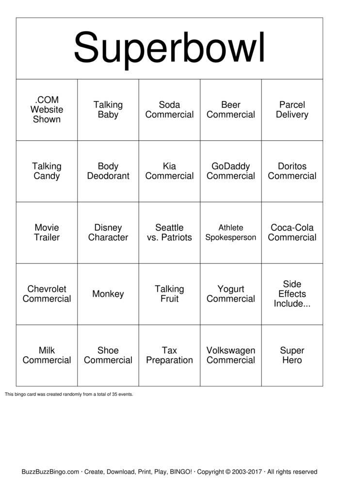 2015 Superbowl Commercials Bingo Cards to Download, Print and Customize!