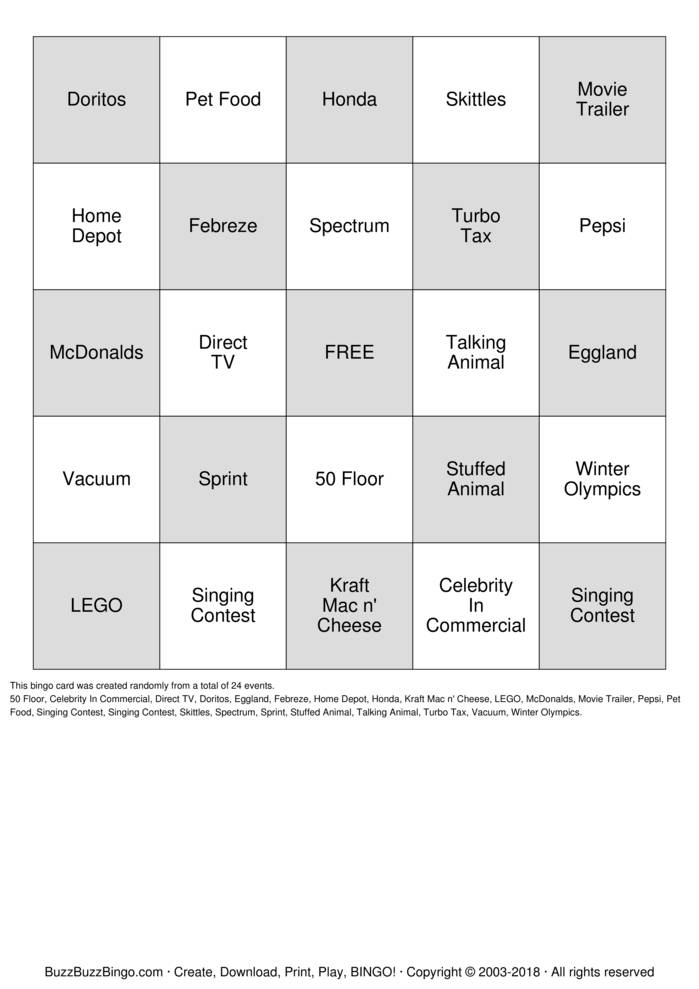2018 Superbowl Commercials Bingo Cards to Download, Print and Customize!