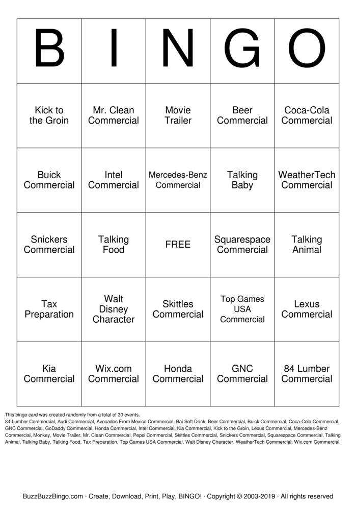 2019 Superbowl Commercials Bingo Cards to Download, Print and Customize!