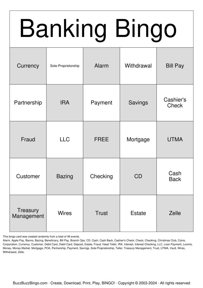 Download Free Bank Bingo Cards