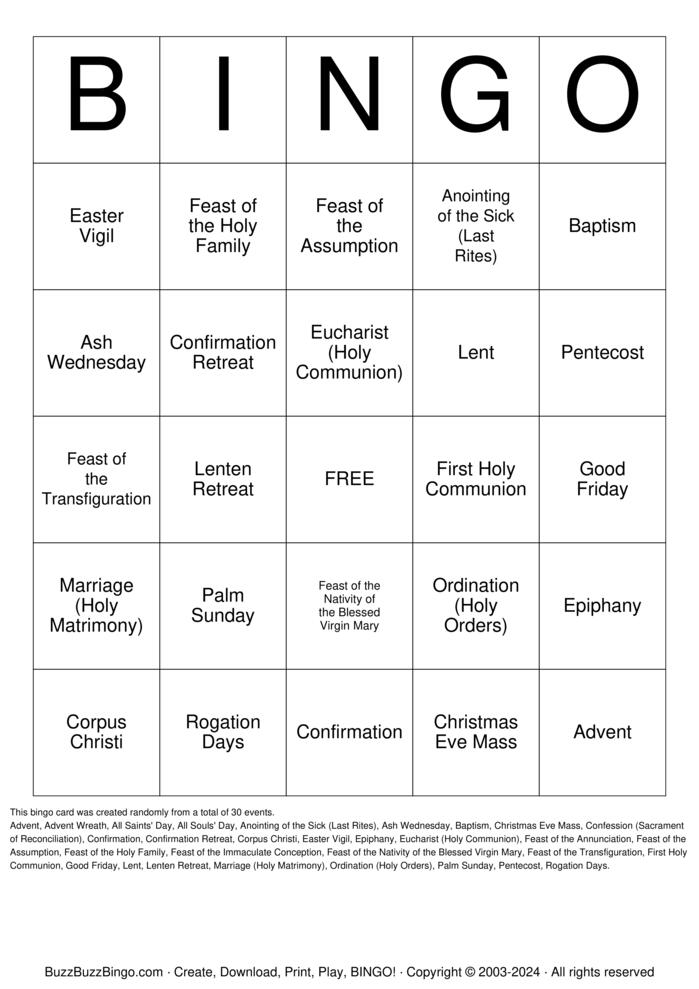 Download Free Church Traditions Bingo Cards