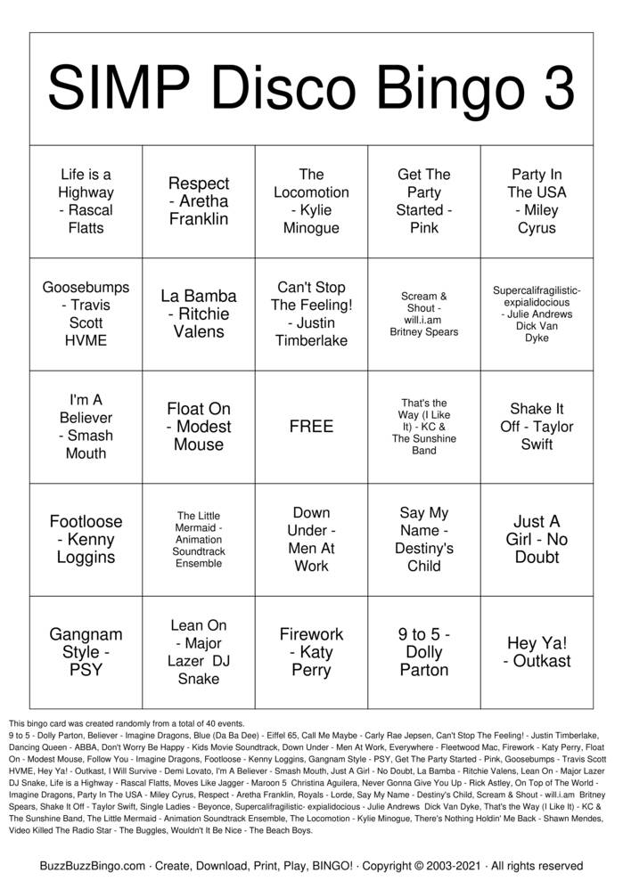 Download Free DISCO BINGO 3 Bingo Cards