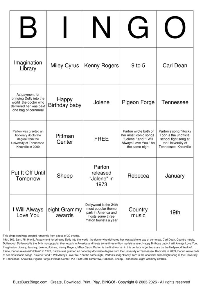 Download Free Dolly Parton songs Bingo Cards Download Free Dolly Parton songs Bingo Cards