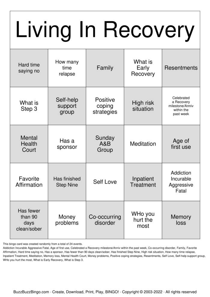 Early Recovery Bingo Cards to Download, Print and Customize!