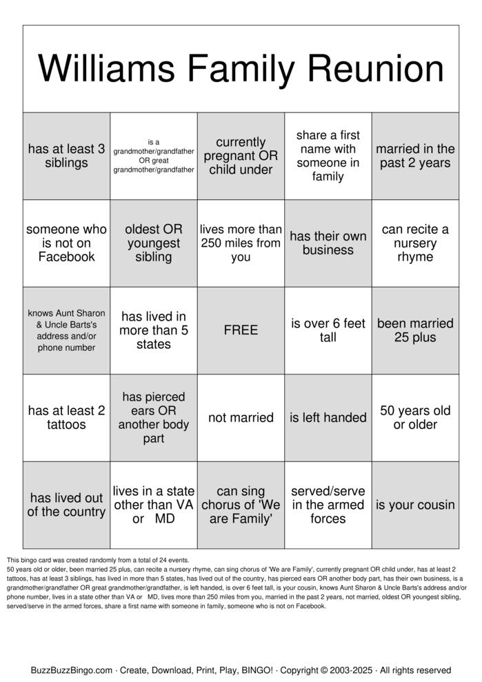 Download Free Family Reunion  Bingo Cards