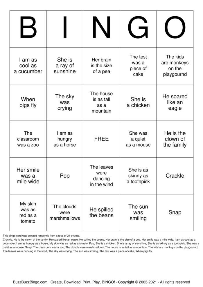 Figurative Language Bingo Cards to Download, Print and Customize!