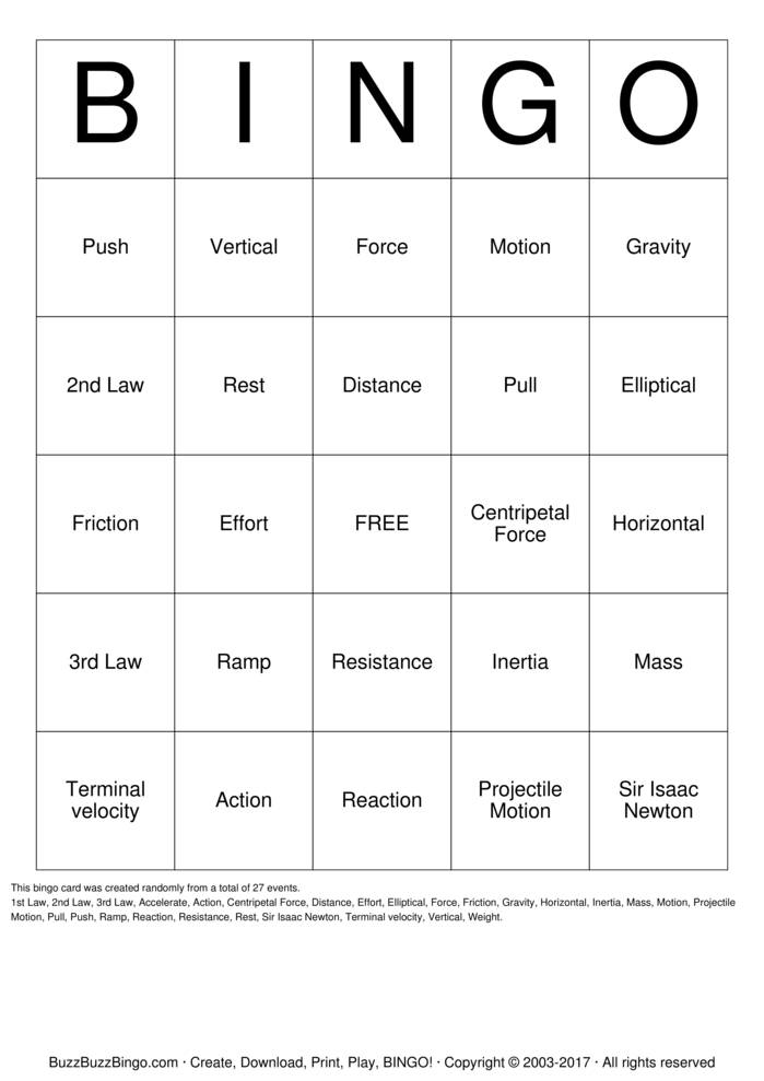 Download Free Force & Motion Bingo Cards Download Free Force & Motion Bingo Cards