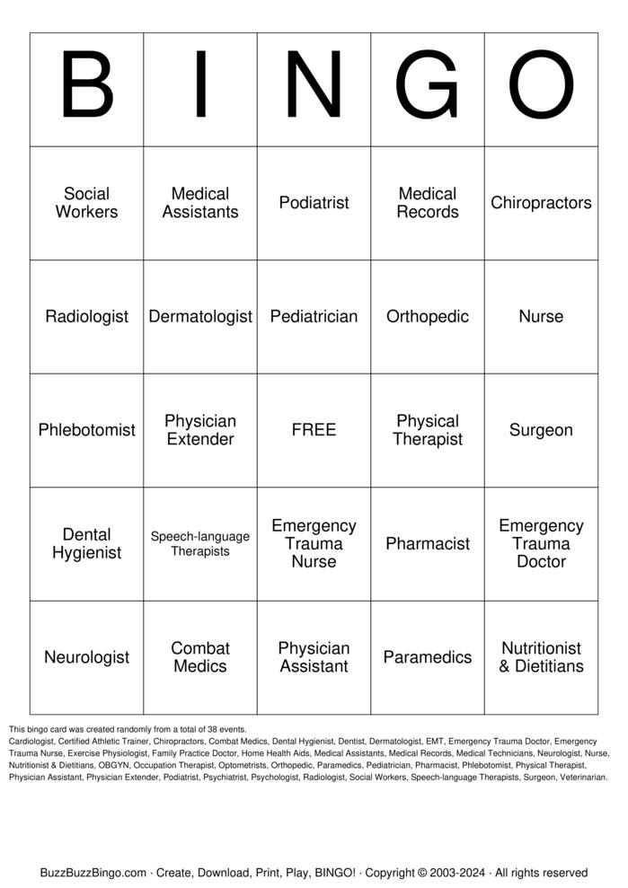 Health Care Careers Bingo Cards to Download, Print and Customize!