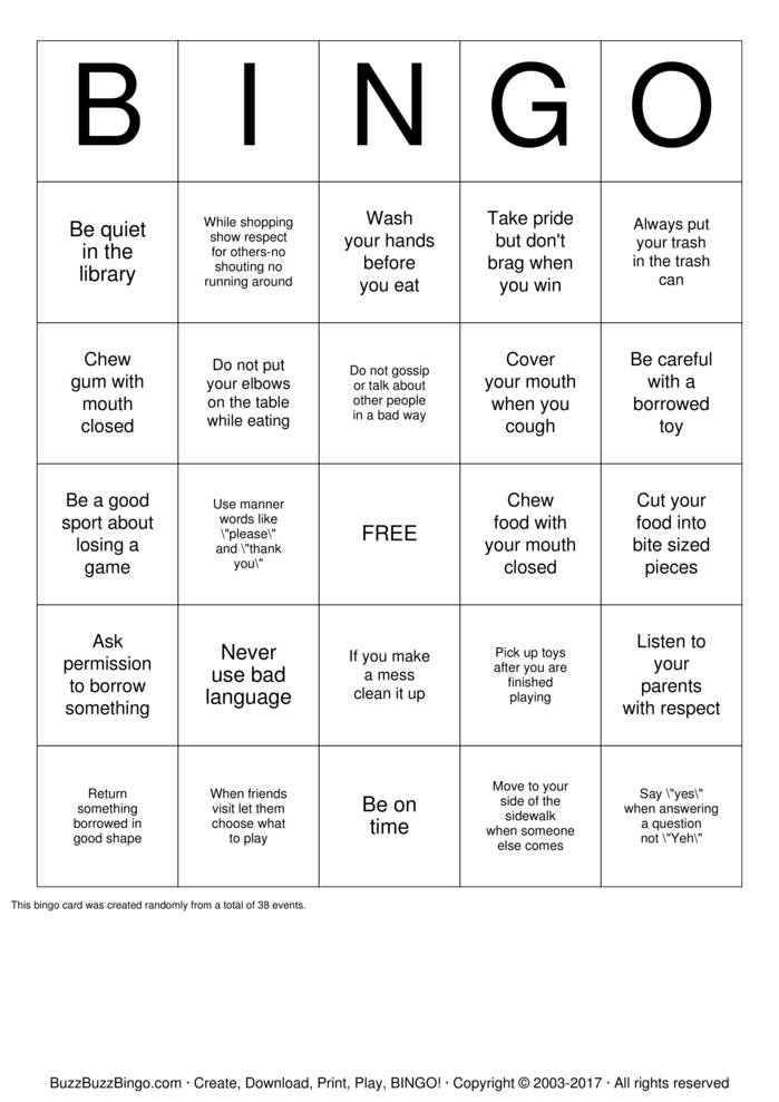 Manners Bingo Cards to Download, Print and Customize!