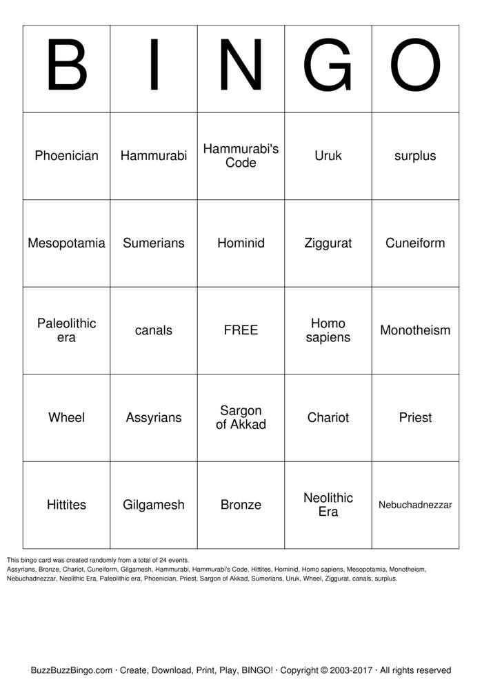 Download Free Mesopotamia Bingo Cards Download Free Mesopotamia Bingo Cards