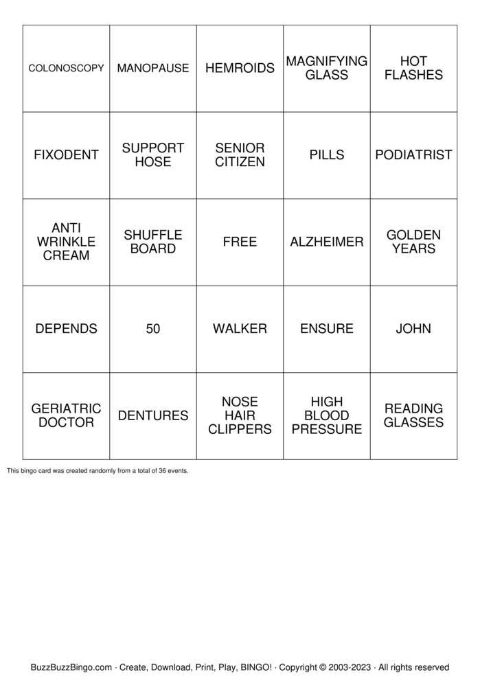 OVER THE HILL Bingo Cards to Download, Print and Customize!