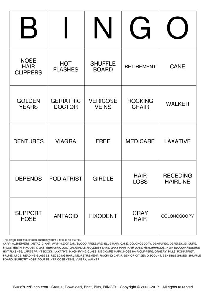 Download Free OVER THE HILL Bingo Cards