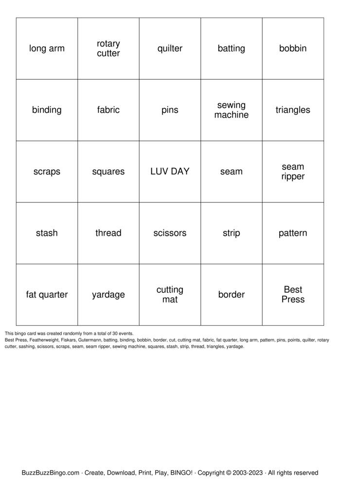 QUILT Bingo Cards to Download, Print and Customize!