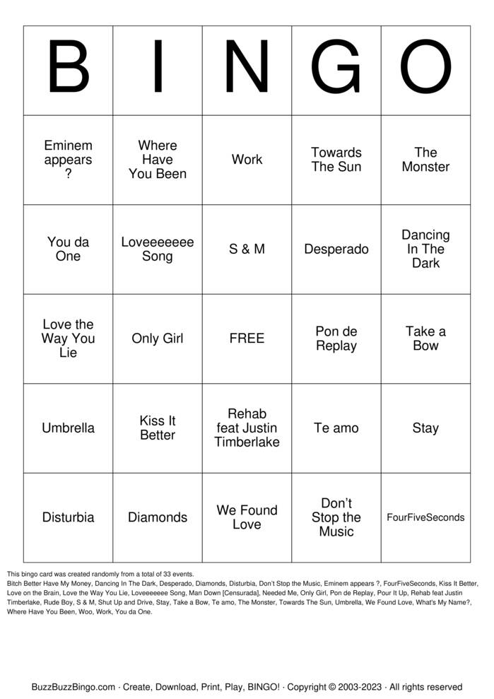 Download Free Rihanna Songs Bingo Cards