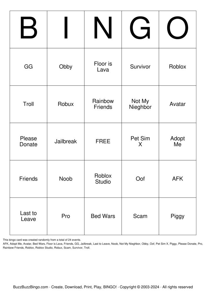 Download Free Roblox Bingo Bingo Cards