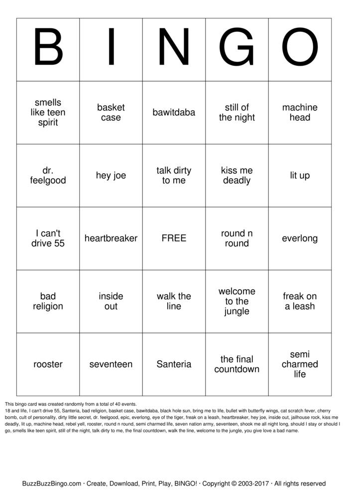 Download Free Rock 'N' Roll Bingo Bingo Cards