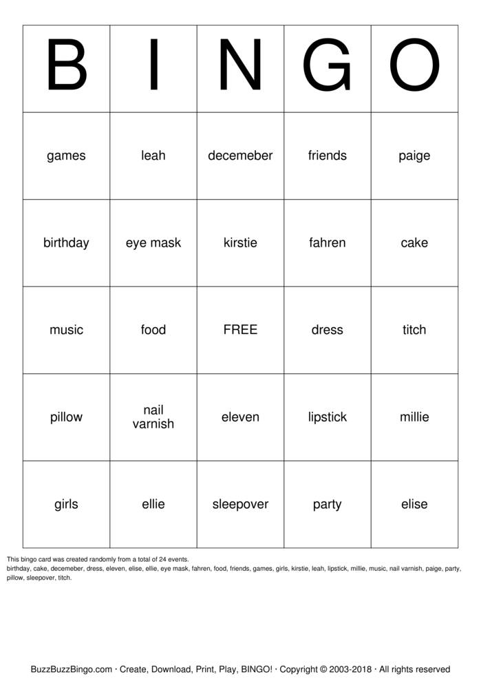 Sleepover bingo Bingo Cards to Download, Print and Customize!