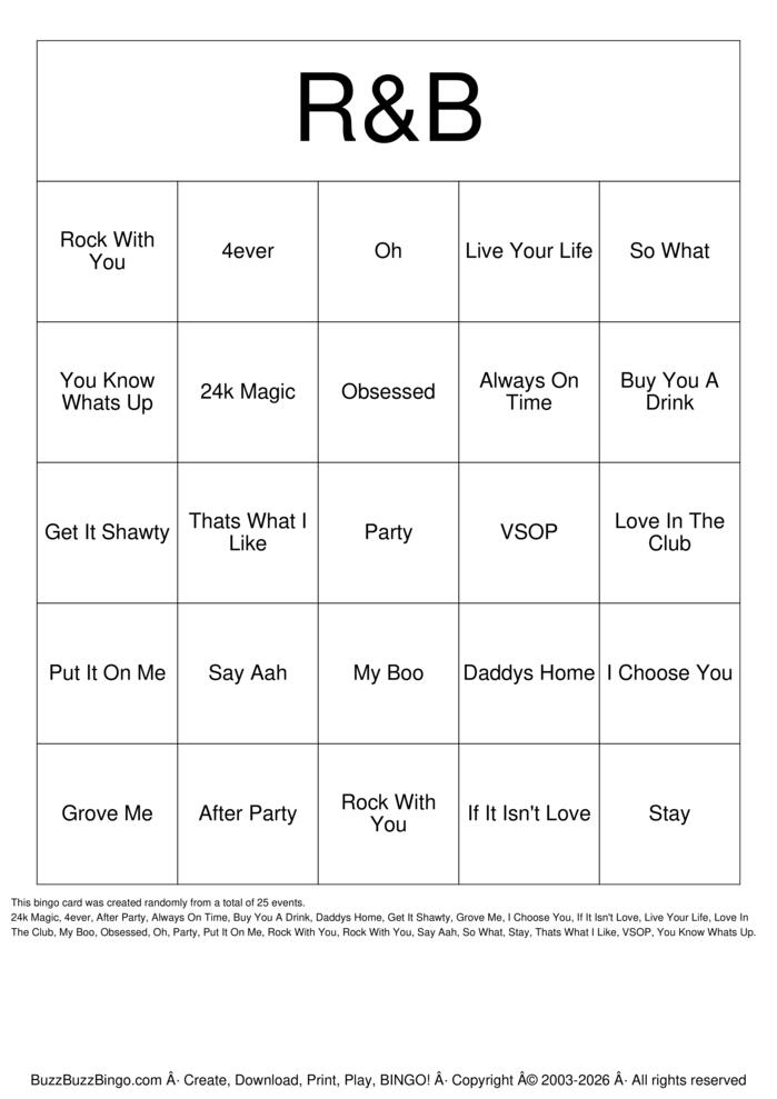 Download Free THE GARAGE R&B BINGO Bingo Cards Download Free THE GARAGE R&B BINGO Bingo Cards