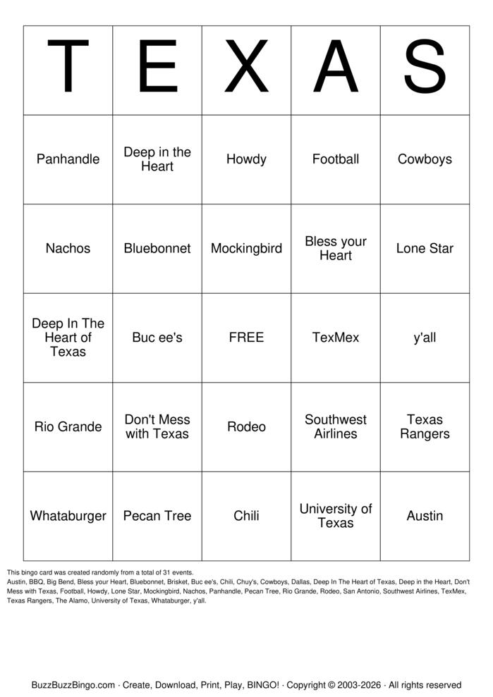 Texas Bingo Cards to Download, Print and Customize!