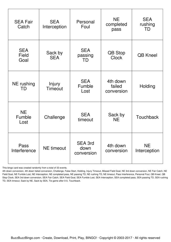 2015 Superbowl NE vs SEA Bingo Cards to Download, Print and Customize!